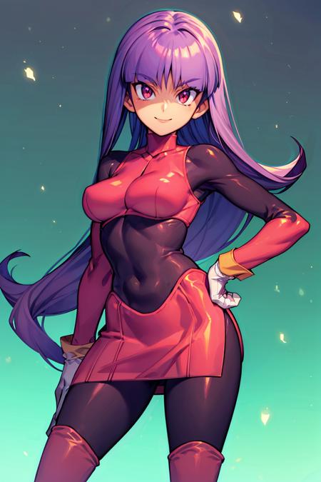 Sabrina_Pokemon, purple hair, very long hair, red eyes,  red skirt, black bodysuit, white gloves