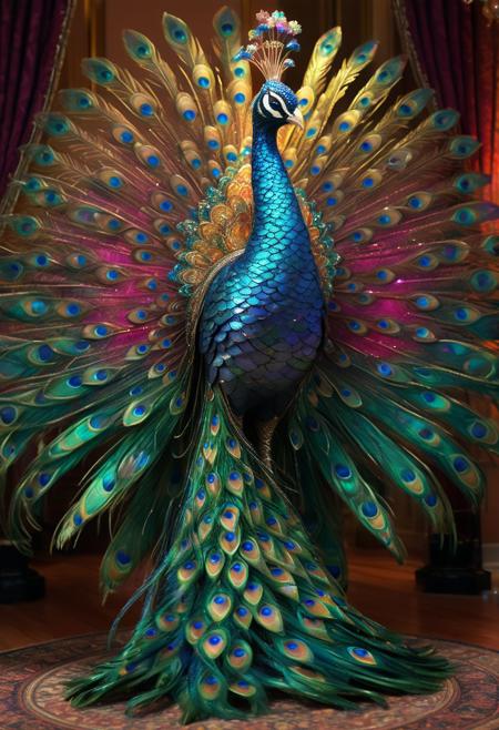 regal humanoid peacock figure standing proud, intricate lace-like exoskeleton armor delicate feathers, ornate iridescent gemstone patterns on feathered wings and body, hypnotic swirling rainbow halo of soft light around form, elegant elongated feathers train trailing behind, highly detailed digital art, vibrant jewel tone colors, dramatic chiaroscuro lighting
