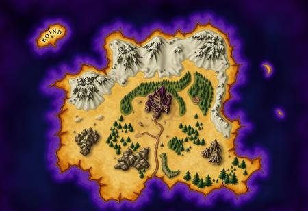 fantasy world map, one continent, snowy north, sandy south, forest, middle castle. in the style of an old map, parchment. purple water, glowing edges, demonic.