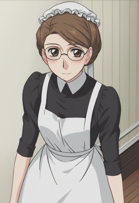 emma maid, glasses, mob cap, black dress, apron hat, brown capelet, black dress