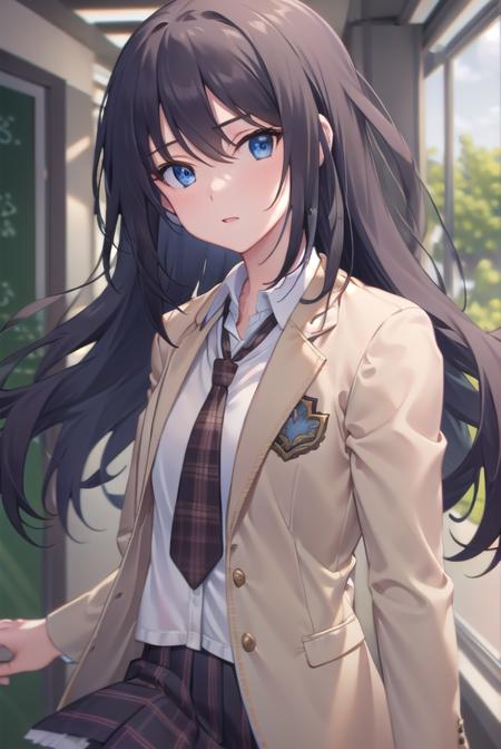 senaaoi, <lora:senaaoitest:1>,
sena aoi, long hair, blue eyes, black hair,
BREAK skirt, school uniform, jacket, necktie, plaid, plaid skirt, blazer, (brown blazer:1.2), (brown jacket:1.2),
BREAK looking at viewer,
BREAK indoors, classroom,
BREAK <lora:GoodHands-vanilla:1>, (masterpiece:1.2), best quality, high resolution, unity 8k wallpaper, (illustration:0.8), (beautiful detailed eyes:1.6), extremely detailed face, perfect lighting, extremely detailed CG, (perfect hands, perfect anatomy),