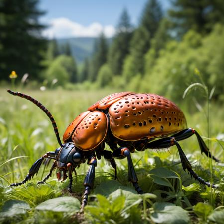 highly detailed candid photo of giant beetle:1.3,

orange beetle:0.4, field, realistic:1.3

masterpiece, best quality:1.1, 

ultra photoreal, photorealistic:1.0, sharp focus:1.1, 
depth of field:1.1, 

50mm, style of Nathan Wirth, Hasselblad X1D II, Porta 160,
