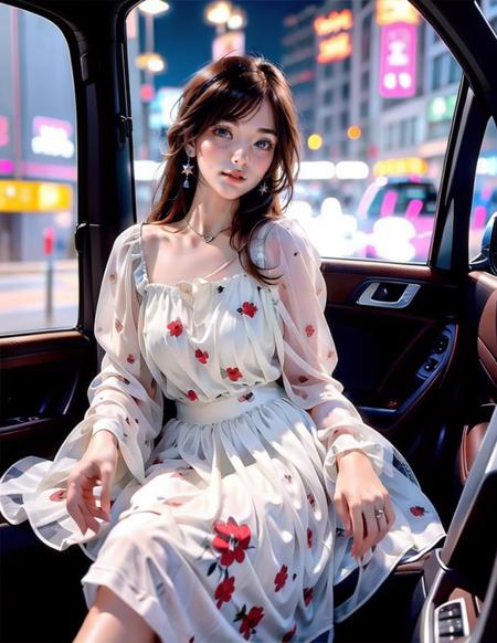 A girl is sitting in a car, holding the steering wheel., jewelly, long hair, straight hair, earing, summer3, portrait, (masterpiece, hyper-realistic), glow, bokeh
<lora:Summer3-06:0.65>