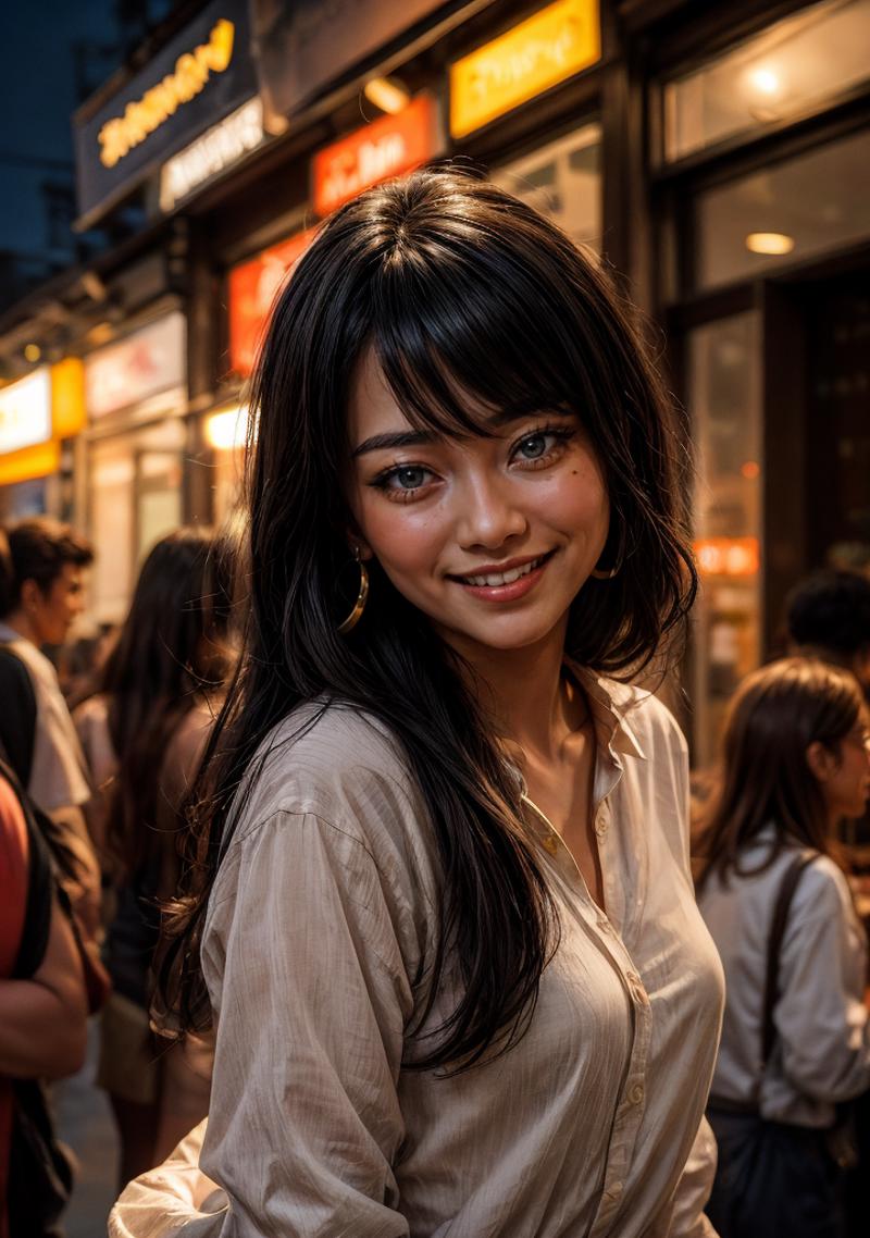 A young girl with brown hair and blue eyes is smiling at the camera. She is wearing a white shirt and a necklace. The scene is set in a busy street, with several other people in the background.