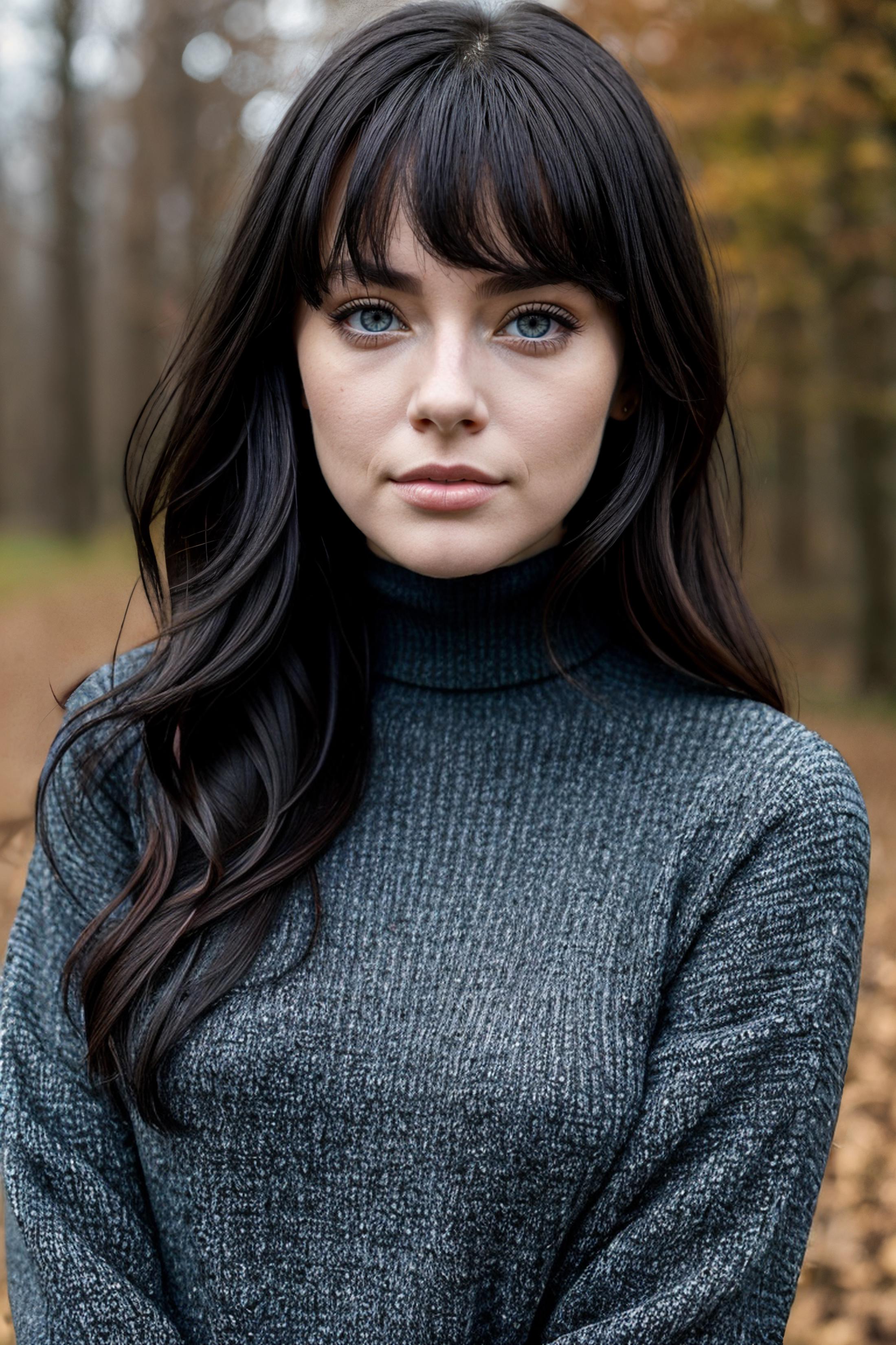 A young woman wearing a grey sweater and black hair.