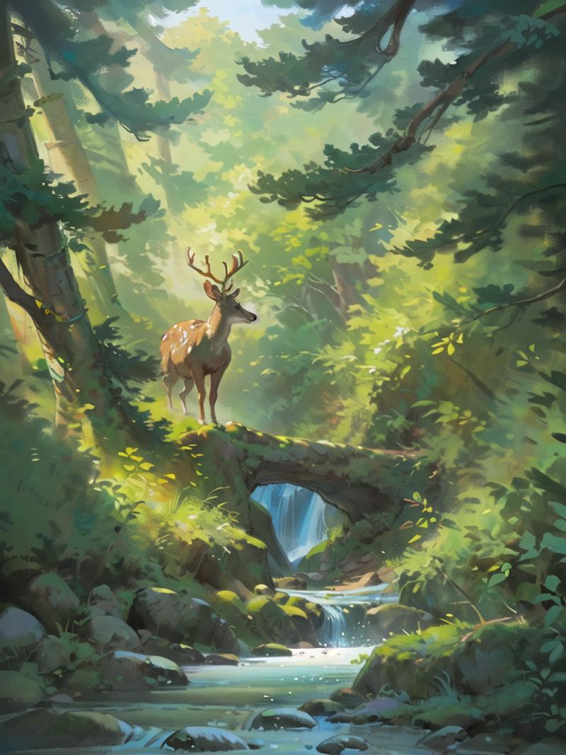 A Deer Staring at the Camera in a Forest with a Waterfall in the Background