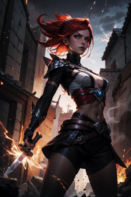 Arkechia,1girl,Mobile legends, Mobile legends,Arkechia, a fierce warrior princess with flowing fiery red hair, stands at the edge of a battlefield, her trusty sword in hand, ready to face her enemies head-on. The air crackles with electricity, sending sparks across the dark, smoky sky. The scene is captured in a dynamic anime style, with bold, vibrant colors and sharp, exaggerated angles, reminiscent of Sword Art Online.