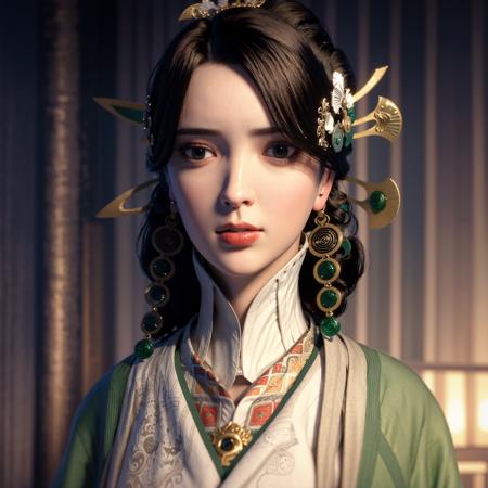 a woman with a green dress and a headpiece with a bird on it's head and a green dress with a red ribbon around her neck, (1girl:0.992), (black hair:0.598), (blue eyes:0.644), (blurry:1.000), (blurry background:0.998), (blurry foreground:0.993), (chinese clothes:0.753), (closed mouth:0.645), (depth of field:1.000), (earrings:0.667), (hair ornament:0.919), (hanfu:0.534), (indoors:0.604), (jewelry:0.592), (lips:0.658), (long hair:0.531), (looking at viewer:0.816), (motion blur:0.566), (solo:0.918), (upper body:0.657)