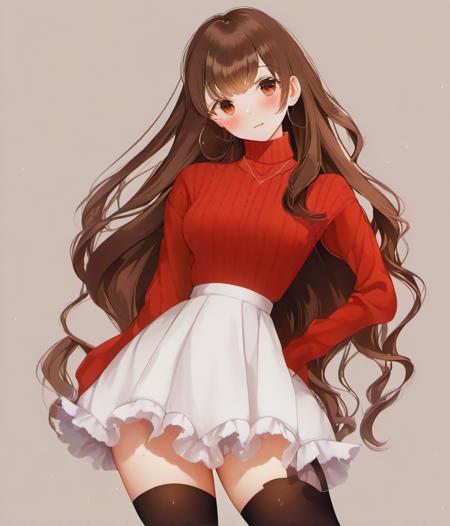 1girl, bright red sweater, white skirt, pantyhose, thighhighs, blush, bow, breasts, closed mouth, hair bow, bow, brown hair, high-waist skirt, jewelry, long hair, long sleeves, looking at viewer, necklace, pantyhose, puffy sleeves, simple background, skirt, solo, standing, suspender skirt, suspenders, sweater, turtleneck, turtleneck sweater, very long hair, thighhighs