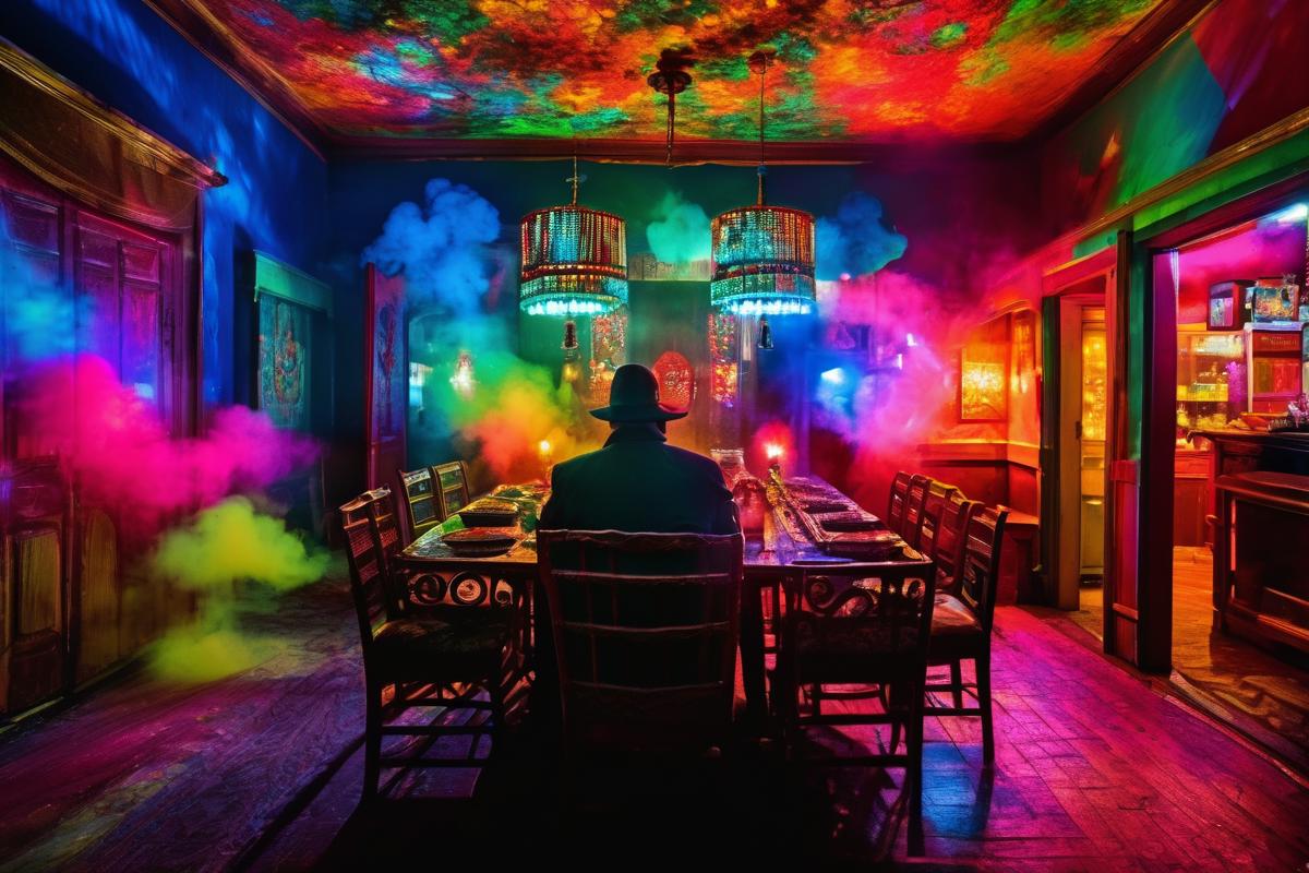 A man sitting at a dining table with colorful smoke.