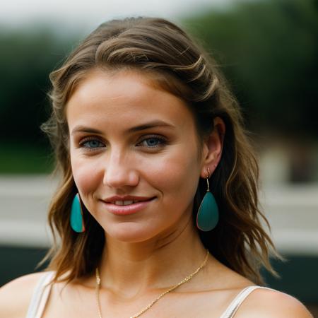 Realistic photo of a beautiful c4m3r0nd-v2 woman, 1girl, solo, looking at viewer, smile, short hair, blue eyes, blonde hair, brown hair, jewelry, earrings, parted lips, teeth, blurry, lips, blurry background, messy hair, portrait, realistic, soft lighting, professional Photography, Photorealistic, detailed, RAW, analog, sharp focus, 8k, HD, DSLR, high quality, Fujifilm XT3, film grain, award winning, masterpiece<lora:c4m3r0nd-v2:1.0>