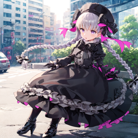 NurseryRhyme 1girl, nursery rhyme (fate), solo, joints, braid, hat, doll joints, long hair, dress, twin braids, purple eyes, black dress, full body, bow, lolita fashion, outdoors, city backround, gray hair, NurseryRhyme,