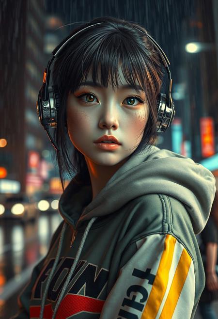 A 4K photorealistic picture of a Half-Japanese female hacker. More Caucasian with freckled nose and cheeks. Teal lipstick. Aged 28. Cyberpunk clothing. Hi tech chrome and carbon fibre one eared headset. Bold graphic styled Hoodie with Japanese lettering down a sleeve and a bold golden stripe down each sleeve   The girls eye pupils have swirling Galaxy of stars and specks floating in a nebula pattern   Posed in front of a Rainy city at nite