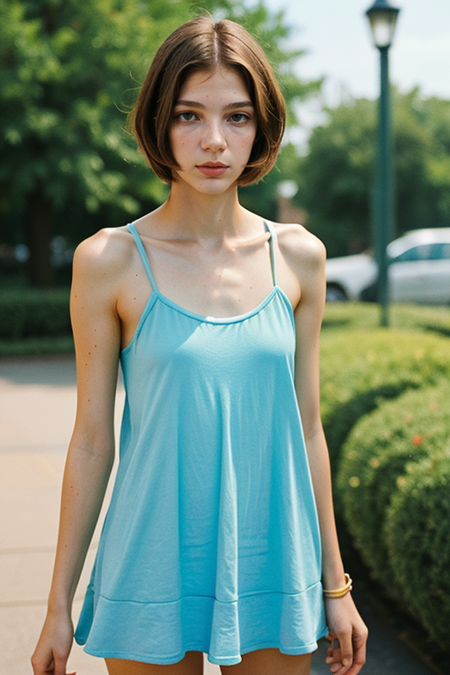 EdenKassner, very short hair, ((sundress)), messy studio, half body shot, photographic studio, visible photo rigs, half body shot, Kodak Gold 400 analog film, medium format 6x7 camera, 80mm, contact test, damaged print, faded, grainy,blurry, pixelated, motion blur, vignette