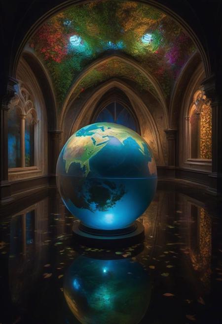 detailed earth globe floating with moon, water art, leaves and electric lights, in a gothic abandonned museum with pelnety of colorfull leaves on the walls , Intricate, Complex contrast, HDR, Sharp, soft Cinematic Volumetric lighting, flowery pastel colours, wide long shot, perfect masterpiece, artwork by Gabriel Dawe