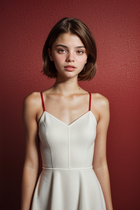 DaryaKomarova, razored combover bob haircut, young woman, ((slim, fit, lanky, coltish:1.3)), wearing burlap sack as dress, spaghetti straps, looking at viewer, Hasselblad H6D, 80mm portrait, natural lighting, oiled skin, perfect eye blush, slightly open mouth, long eyelashes, <lora:epiCRealismHelper:0.2>, <lora:hairdetailer:0.3>, ((blood red backdrop:1.3)), detailed skin texture, (blush:0.5), (goosebumps:0.5), subsurface scattering, RAW candid cinema, 16mm, color graded portra 400 film, remarkable color, ultra realistic, textured skin, remarkable detailed pupils, realistic dull skin noise, visible skin detail, shot with cinematic camera