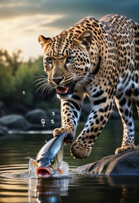 Alien leopard catching fish , uhd photo realistic