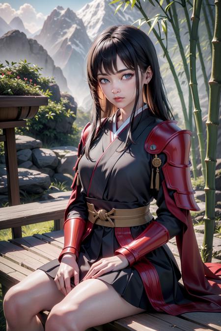 (masterpiece, best quality:1.2), finely detailed beautiful eyes, detailed background, 1girl, sitting, slim, (bamboo trees), kabuto, red samurai armor, misty air, strong sunlight, mossy path, mountain village, cowboy shot, looking at viewer, realistic, <lora:A3DStyle:1>, outdoors