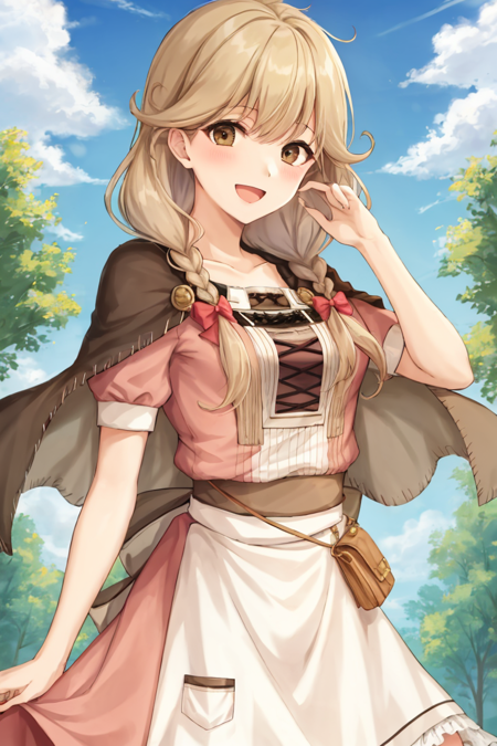 faye fe, 1girl, solo, long hair, looking at viewer, smile, open mouth, dress, bow, braid, short sleeves, hair bow, sky, cape, apron, twin braids, pink bow   <lora:Faye_FE-10:0.9>