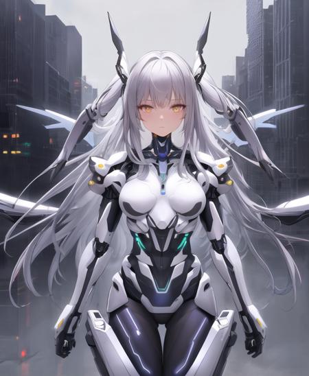 breast awe,best quality,highly detailed,masterpiece,ultra-detailed,illustration,1girl,silver hair, long hair,floating hair, Exoskeleton tights,mecha, Cyber City,neon buildings,(upper body:1.05), extremely_detailed_eyes_and_face,cybernetic wings,wings, mechanical wings,fighting stance,skyscraper