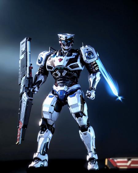 a robot with a gun in his hand and a helmet on his head, standing in front of a dark background, (autobot:0.519), (glowing:0.925), (glowing eyes:0.706), (holding:0.734), (holding sword:0.724), (holding weapon:0.847), (huge weapon:0.655), (machinery:0.612), (mecha:0.997), (no humans:0.527), (realistic:0.626), (robot:0.576), (science fiction:0.893), (shield:0.507), (solo:0.607), (sword:0.766), (weapon:0.921)