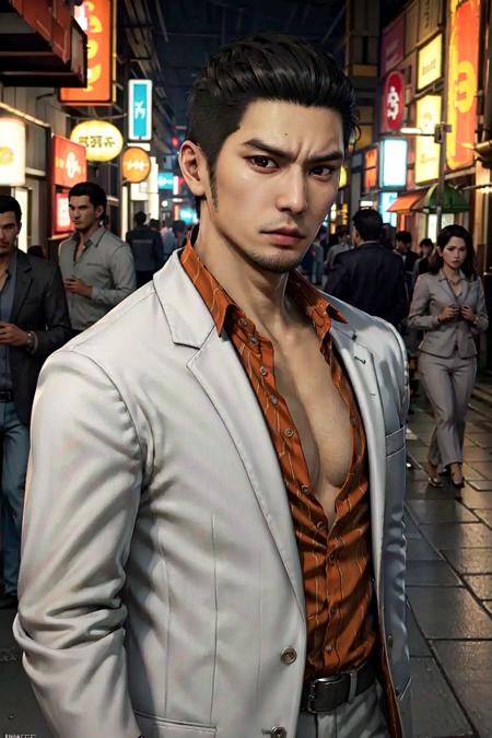 (AS-Young:1.3), 1boy, solo, kazuma kiryu, ryu ga gotoku, yakuza, young, 20yo, (black hair, brown eyes) (buzz cut:1.45), thick eyebrows, (collared shirt, orange shirt, satin shirt, white suit:1.35), jewelry, necklace, chest hair, wristwatch, muscular, upper body, looking to viewer, walking, in the streets of Okinawa, (realistic:1.5), (unreal engine:1.3), (cinematic color, color accuracy:1.45), (masterpiece, best quality:1.5), extremely detailed, high resolution, 8k uhd unity wallpaper, <lora:Kazuma Kiryu:0.7>