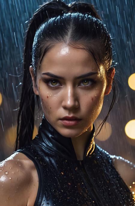 Up close photo of a dangerous assassin mysterious, serious expression, long black ponytail, tight bodysuit, night time rain, (luminous golden eyes:1.2), ((best quality)), intricate detailing, luminous back lighting, Cinematic, Filmic, medium shot, 4k, Front-light, Cinematic Lighting(night time:1.1), (rain:1.2), highly detailed skin, blood splatters, blood drops washing away in the rain, scars