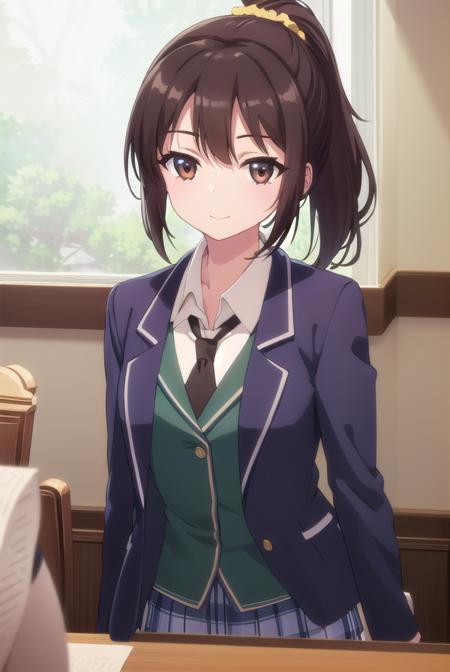 rikashiguma, <lora:rika shiguma s2-lora-nochekaiser:1>,
rika shiguma, brown hair, (brown eyes:1.3), ponytail, glasses, scrunchie, yellow scrunchie, smile,
BREAK school uniform, necktie, labcoat,
BREAK indoors, classroom,
BREAK looking at viewer, (cowboy shot:1.5),
BREAK <lyco:GoodHands-beta2:1>, (masterpiece:1.2), best quality, high resolution, unity 8k wallpaper, (illustration:0.8), (beautiful detailed eyes:1.6), extremely detailed face, perfect lighting, extremely detailed CG, (perfect hands, perfect anatomy),