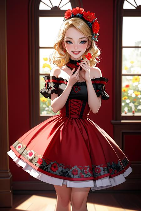 ((Masterpiece, best quality,edgQuality)),smirk,smug,
edgVTD, 1girl, solo, looking at viewer, smile, open mouth, blonde hair, standing, full body, flower, indoors, red flower ,wearing edgVTD
<lora:edgVintageTeaDress:1>