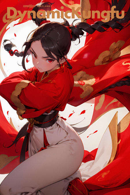 Masterpiece, 1girl, close up, wear red hanfu, Chinese Traditional cloth, long black hair, hair braid, (1hand holding a sword), red background, fire flame effect, ink painting style, dynamic pose, battle pose, open hand, good hand
