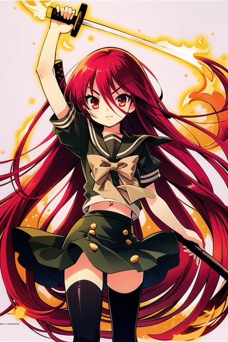 1girl, shana, long hair, thighhighs, red hair, school uniform, red eyes, sword, weapon, jewelry, solo, fire, pendant, alastor (shakugan no shana), bow, skirt, serafuku, black thighhighs, short sleeves, very long hair, holding, zettai ryouiki, hair between eyes, katana,  <lora:Itou Noizi:0.8>