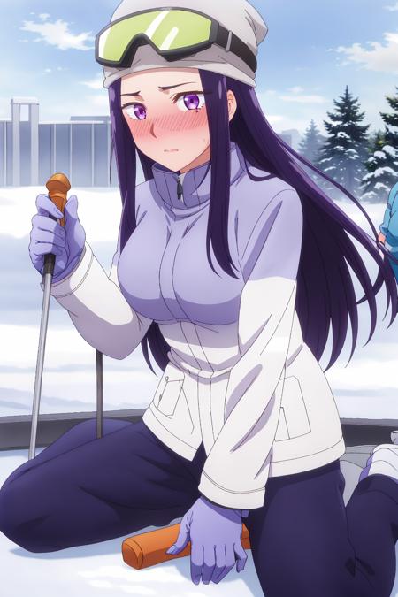 ((best quality)),((highly detailed)),masterpiece,absurdres,detailed face,beautiful face,(detailed eyes, deep eyes),1girl,((dynamic pose)) ,  <lora:SayuriV1:0.8>,Sayuri, purple hair, blush, purple eyes, gloves, snow, long hair, goggles, winter clothes, tree, sitting, helmet, day, glasses, hat, beanie, coat, outdoors, jacket, winter, goggles on head, sky, solo focus, solo, looking at viewer, pants, embarrassed, winter coat