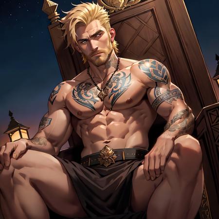 Hairy, handsome, king of the world, male, masculine, Caucasian, bro type, tattoos, wearing ceremony outfit, sitting on his throne, by night, short blonde hair, serious expression, 8K, masterpiece, high definition, highly detailed, sharp, symmetrical, looking at camera