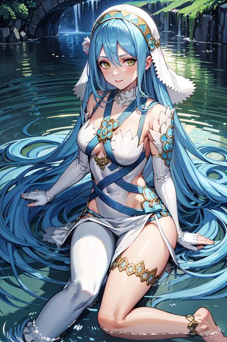 <lora:azura:0.9>,def_azura, asymmetrical legwear,smile,gloves, barefoot, anklet, jewelry, dress, fingerless gloves, veil, elbow gloves, pendant, necklace, looking at viewer, white dress, white gloves, ribbon,  blue ribbon,lake,on water,(masterpiece, best quality, ultra-detailed, best shadow),