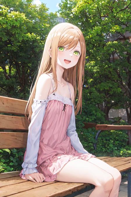 masterpiece, best quality, kinoshitaakane, 1girl, blue shirt, pink dress, female college student, happy, open mouth, upper teeth, bare legs, sitting on bench, from side, black short, green eyes, open eyes,