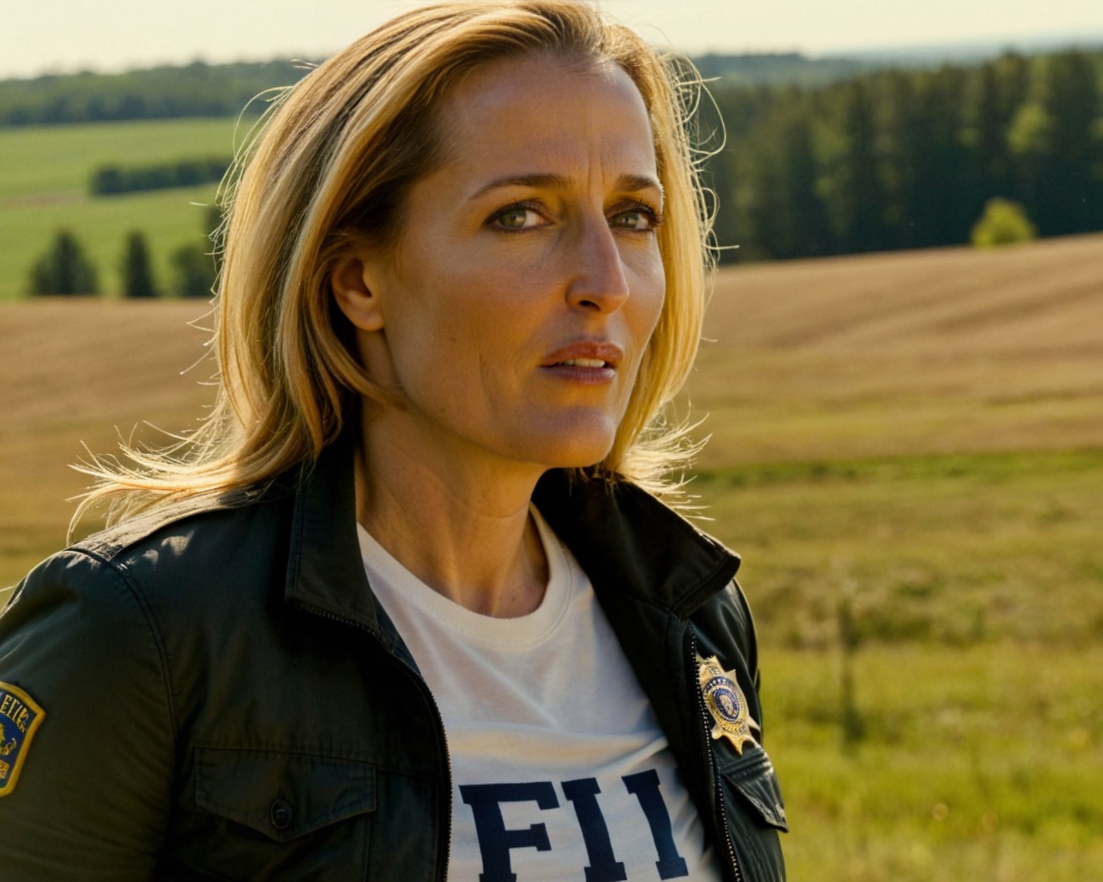 closeup photo shot of (gillianxx:1.2) as FBI agent, wearing a jacket with an FBI t-shirt, sunny day, few clouds, natural l...