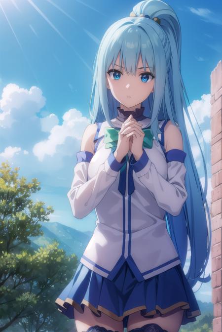 konosubaaqua, <lora:konosuba aqua movie-lora-nochekaiser:1>, 
aqua, long hair, blue eyes, hair ornament, very long hair, blue hair, hair rings, single hair ring, hair bobbles,
BREAK skirt, shirt, thighhighs, bare shoulders, detached sleeves, white thighhighs, blue skirt, blue shirt, green bow,
BREAK outdoor, forest, nature, trees, village, sky, sun, clouds,
BREAK looking at viewer, (cowboy shot:1.5),
BREAK <lyco:GoodHands-beta2:1>, (masterpiece:1.2), best quality, high resolution, unity 8k wallpaper, (illustration:0.8), (beautiful detailed eyes:1.6), extremely detailed face, perfect lighting, extremely detailed CG, (perfect hands, perfect anatomy),