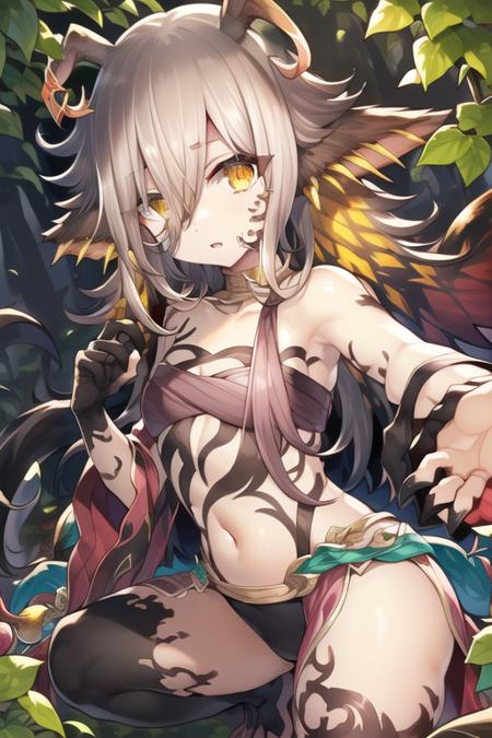 <lora:traptrixholeutea:1>traptrixholeutea,long hair,(stockings:0.6),wings,sleeveless,navel, squat,solo, single glove,1girl,forest  background,  full body,masterpiece,solo,beautiful detailed eyes,finely detail,detailed face,vivid color,5 fingers,finely detailed,hyper detailed,detailed hand,8k,finely detailed beautiful eyes,high resolution illustration,best quality,