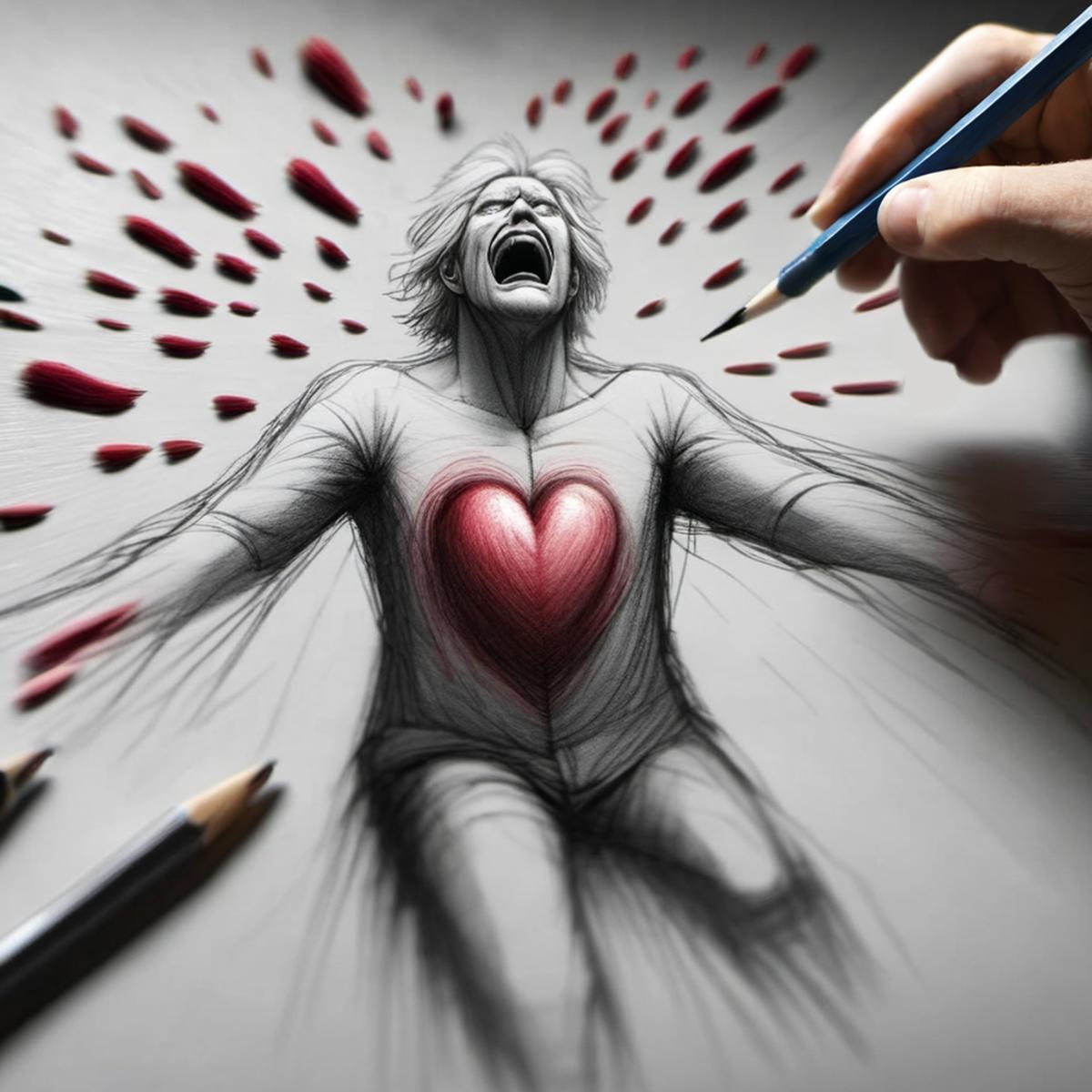 A drawing of a person with a heart on their chest, crying.