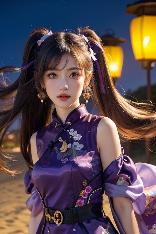 keqing (lantern rite) (genshin impact), keqing (genshin impact), hair bun, ((purple cheongsam)), purple hair , (very long ...