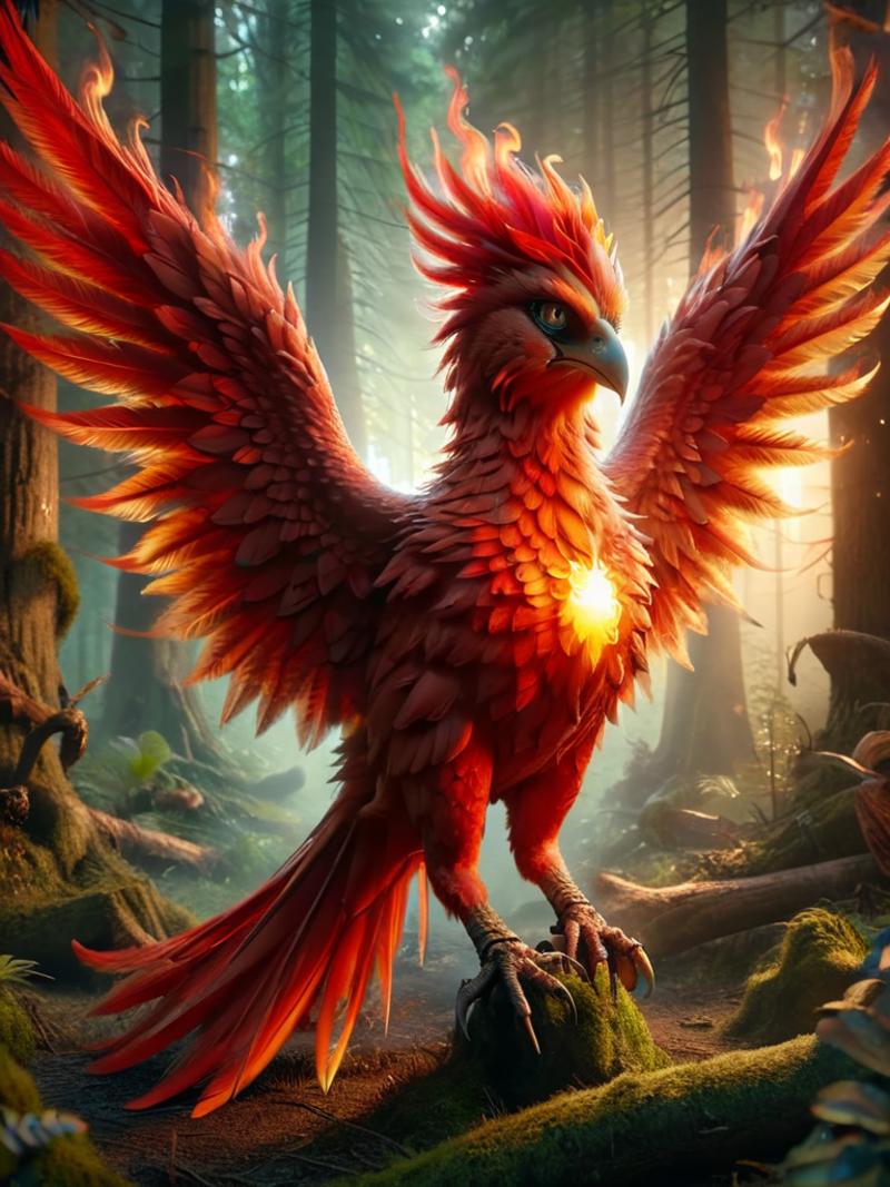A majestic red bird with a blue beak and yellow eyes, standing on a mossy log in a forest.