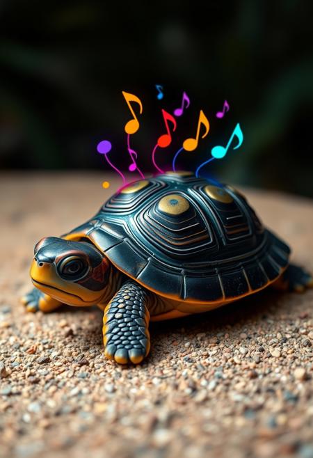 A cute turtle with subwoofers on it's shell, colorful music notes can be seen coming from the subwoofers