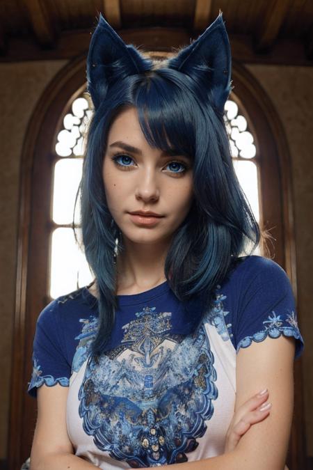 <lora:catgirl2:0.6>, catgirl, cat ears, (masterpiece, best quality), intricate details, (fractal art:1.2), (1girl), realistic, detailed, detailed skin, raw photo, t-shirt, (blue hair),