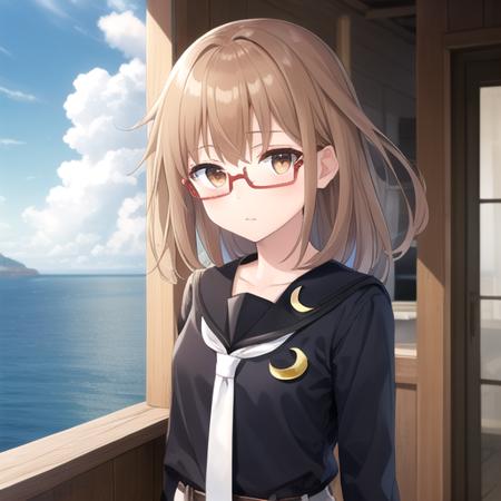 ((masterpiece)),(best quality),official art,extremely detailed CG,unity 8k wallpaper,ultra detailed,A lighthouse on a cliff by the sea,1girl,solo,upper body,(portrait:1.2),glasses,brown_hair,long_hair,black_shirt,school_uniform,brown_eyes,skirt,serafuku,red-framed_eyewear,crescent_pin,long_sleeves,white_socks,white_necktie,belt,looking_at_viewer,loafers,<lora:Mochizuki(kan)>,