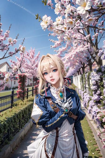 anime, bold outline, detailed, best illustration, masterpiece
break
1girl, petite, extremely beautiful, detailed skin complexion, vioev, violet evergarden, blonde, blue jacket, white dress, gloves, mechanical arms, mechanical hands, jewelry,
break
outdoor, flower garden, romantic
break
perspective, anime background, detailed background, light and shadow contrast, rule of third, depth of field, sharp focus, foreground background, depth and dimension
break
(ulzzang-6500-v1.1:0.5) <lora:CA_Violet_Evergarden:0.85>