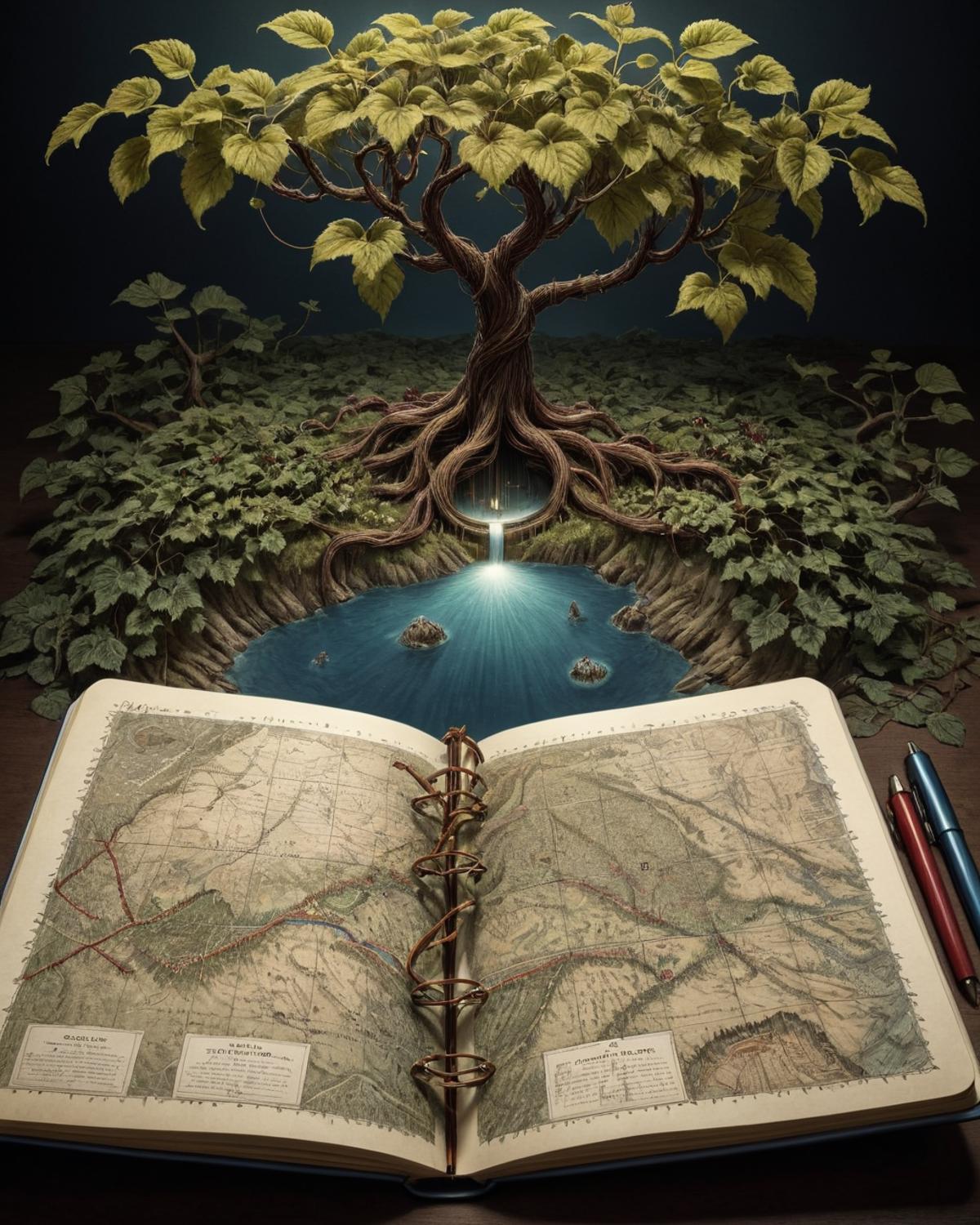 A book with a map and an illustration of a tree inside it.