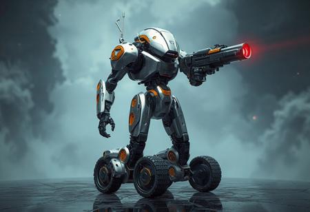"A hyperdetailed cinematic concept art of a futuristic robot standing tall against a Dream Mirror of Terror backdrop. The robot is predominantly silver with vibrant orange and black accents, featuring an intricate design with a large, camera-like head structure and a robust body equipped with a large gun pointed to the right, exuding readiness. Its arms and legs are extended, with wheels on the legs enhancing its mobility. The head emits a red light, adding a warning signal. Rendered in Octane and Unreal Engine 5, with 4K resolution, lifelike details, sharp lines, and stunning, harmonious colors. The composition is impeccable, with the robot centrally placed, drawing attention to its detailed design. Captivating lighting, a dynamic action pose, and a creative angle, trending on ArtStation and CGSociety. Inspired by the styles of Raphael, Houdini, and Grammer Effect, with vivid emotions and a powerful message. The robot’s design showcases handcrafted precision and balanced editing, evoking a sense of futuristic readiness and technological prowess."