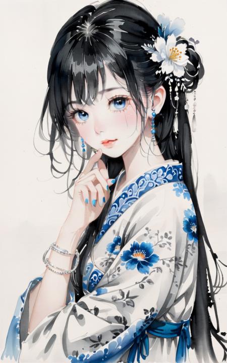 traditional chinese ink painting,black and white ink painting,<lora:GuFengXLLora:0.5>,
1girl, solo, blue eyes, hair ornament, looking at viewer, frills, flower, long hair, bangs, white flower, upper body, hand on own face, hairclip, ring, white hair, hair between eyes, short sleeves, bow, wrist cuffs, blush, dress, white background, hand up, parted lips, hair flower, ribbon, blue nails, hand on own cheek, puffy sleeves, nail polish, jewelry, white theme, simple background, white dress