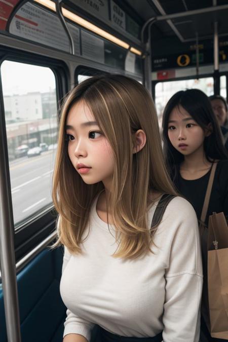 beautiful  indo-aryan woman, Paper Bag Brown yoga paints, large breasts, thick, medium blonde hair, from front, looking away, photography, soft light <lora:detail_slider_v4:1> bus interior, group of men, crowd, man