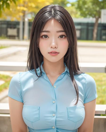 pureerosface_v1:0.3, best quality, photorealistic, 8k, high res, full color, 1girl, woman, 20 years old woman, (closed mouth:1.73), (skindentation), (portrait:0.6), trees, park bench, daylight, ((park background:1.52)), full color, ((officebuttonedshirt:1.78)), looking at viewer:1.8, (1girl eyes looking at viewer:1.55), (long hair, brownhair, partedbangs:1.45), (bokeh), <lora:AAG-yamada:0.65>